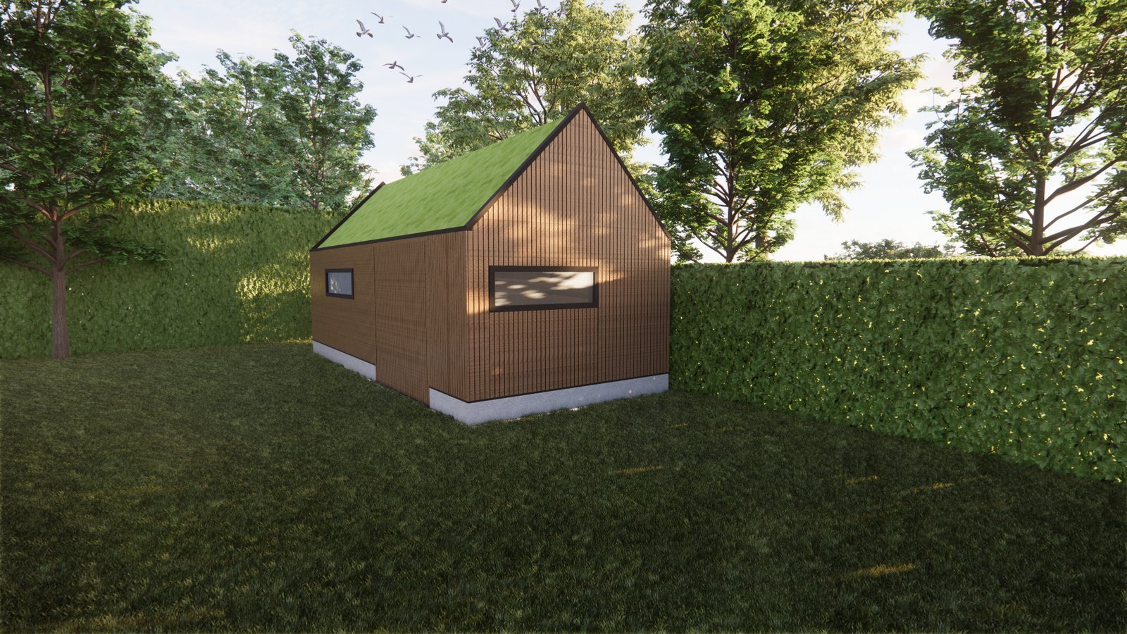 3D-render van vrijstaand tuinhuis met groen sedumdak