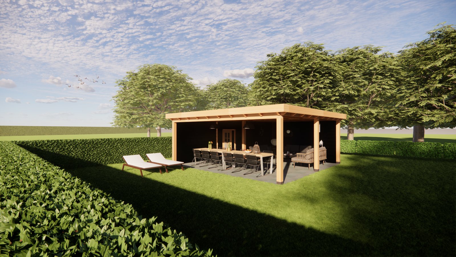 3D-render van vrijstaande overkapping met eettafel en loungehoek